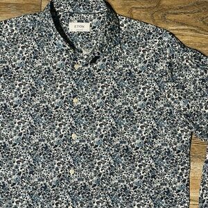 Eton Long-sleeve Dress Shirt with A Blue and White Floral Print. 17 1/2